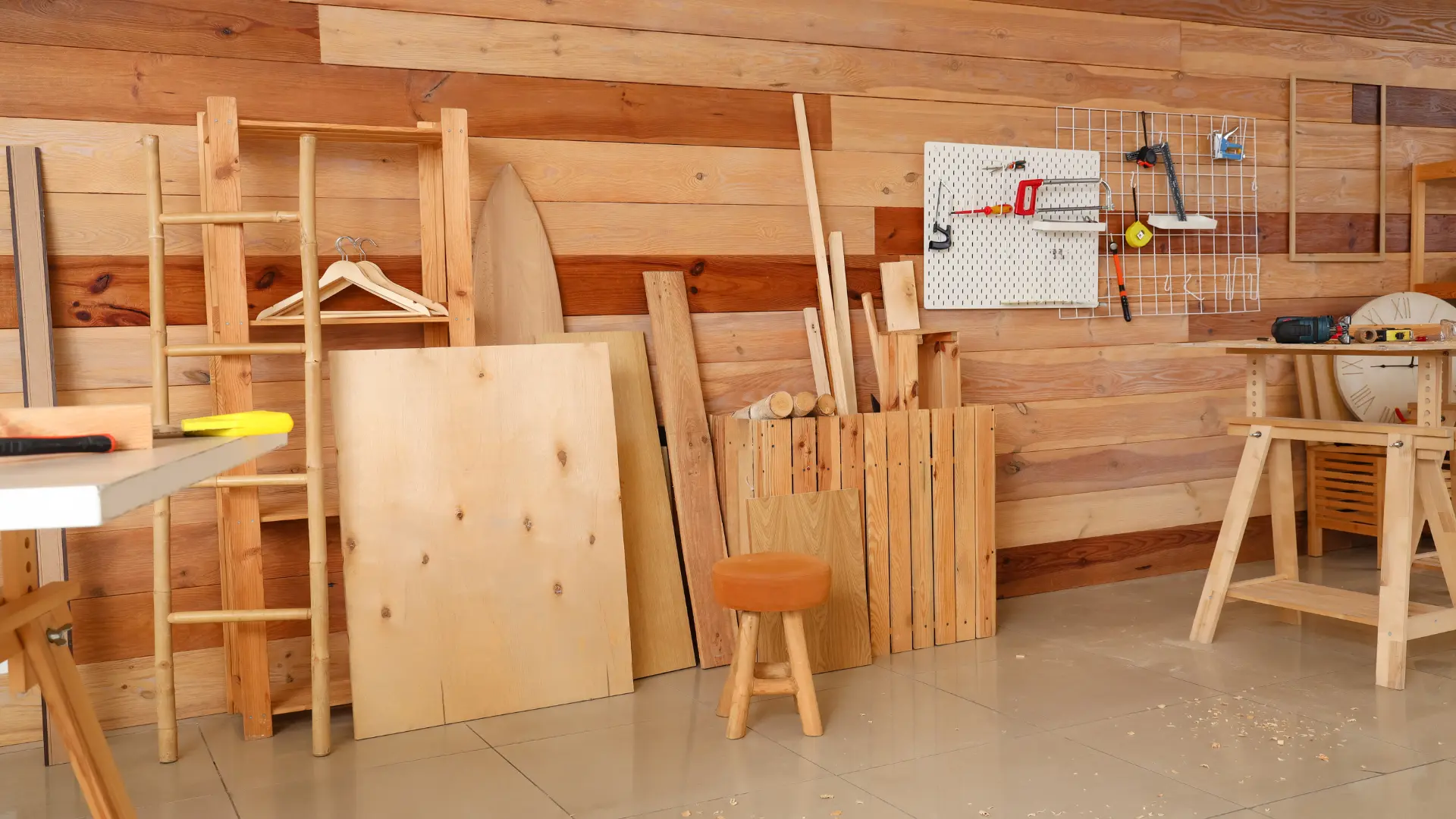 Garden workshop with workbench and tools